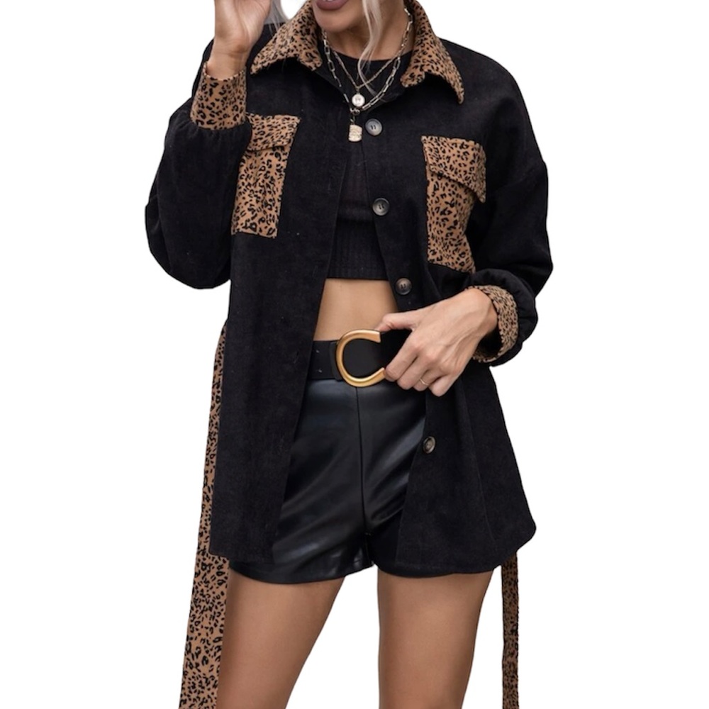 Leopard Corduroy Sweater shirt with belt NWOT